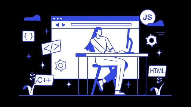 A stylized illustration of a woman programming at a computer, featuring coding symbols and language logos.