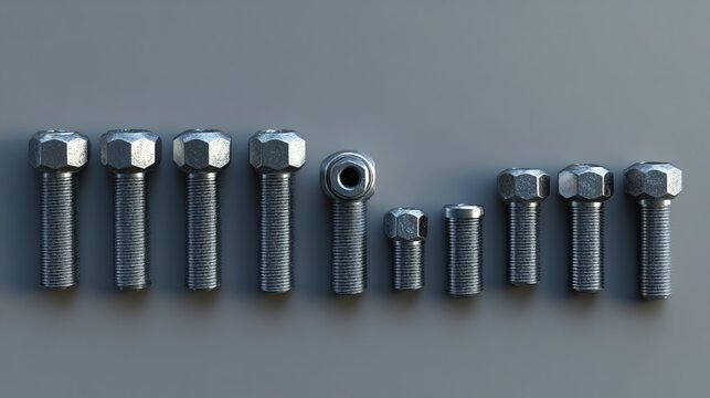 Glossy metal bolts and nuts of different sizes placed on a gray background.