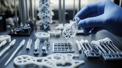 Gloved hand holding a 3D printed lattice structure, showcasing various other prints.