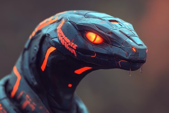 Cybernetic snake head with glowing red eyes. Futuristic creature design, detailed texture and intense gaze.