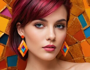 A person with vibrant red and purple hair wears large, colorful earrings against a bright mosaic background of orange and blue tiles