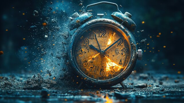 Exploding vintage alarm clock on fire, surrounded by debris and smoke.