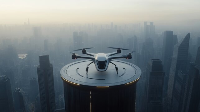 Futuristic drone taxi lands on helipad atop skyscraper. Urban setting shows futuristic architecture with urban sprawl. Air mobility tech evident in busy metropolis. Advanced vehicle parked safely on
