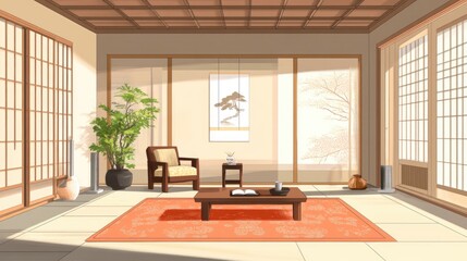 Serene Japanese-Style Living Room: Sunlight Streaming Through Shoji Screens