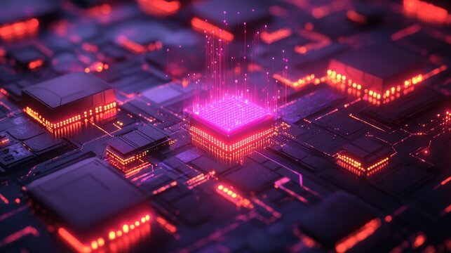 This artwork showcases an intricate representation of edge computing, featuring a network of glowing circuits and processors