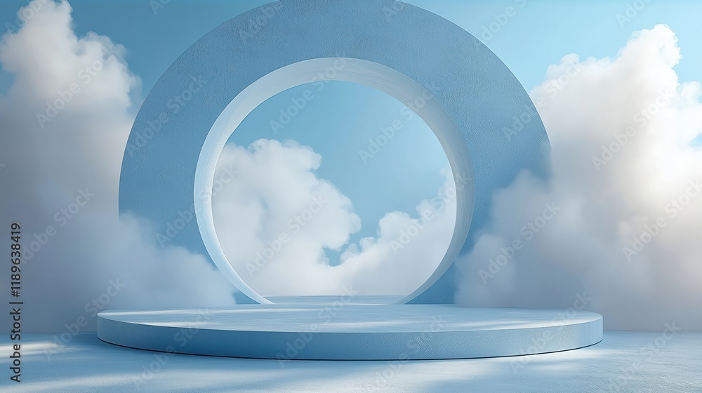 Poster airy 3d composition with calming blue background. wispy white clouds hover in front of circular form