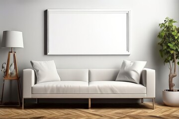 modern interior with empty frame and white sofa