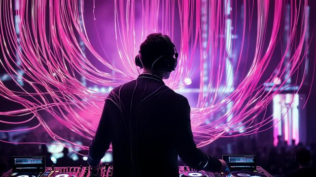 EDM DJ in business suit with pink glowing wires connecting his neurons directly to the mixers and synthesizers below. Glowing and pulsing lights background.