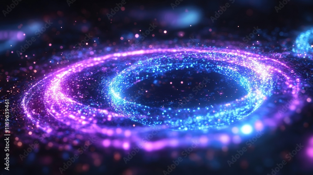 Poster swirling patterns of bright colors represent the complex nature of quantum computing, with particles