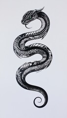 Intricate black and white snake design. Detailed scales and a coiled body create a visually striking image.