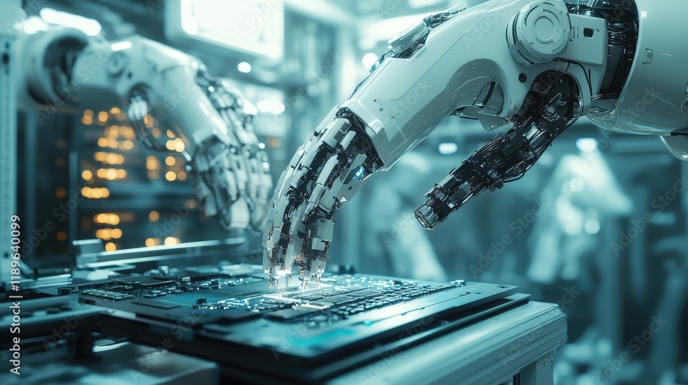 Poster robotic arms work meticulously to assemble electronic components on a circuit board within a modern 