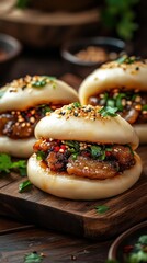 Mouth watering Korean inspired fried chicken burgers served on a rustic wooden platter showcasing the savory patty fluffy bun and fresh toppings like lettuce tomato and onion