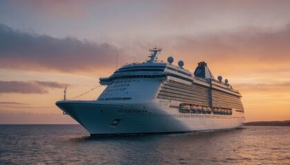 A sleek cruise ship sails through calm waters during a vibrant sunset, with soft clouds glowing in warm hues above