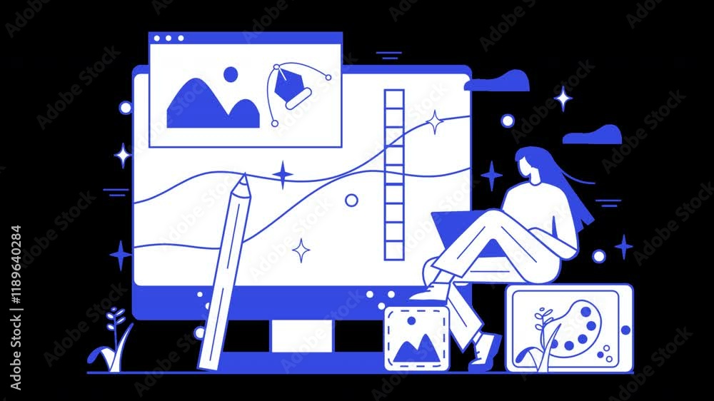 Poster a person creating digital art in a blue-themed workspace with graphic elements, representing creativ