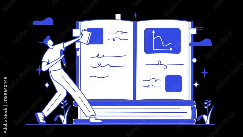 Poster a person engaging with a large open book in a dynamic learning scene.