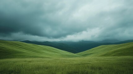 Obraz premium Rolling green hills under a dramatic, cloudy sky.