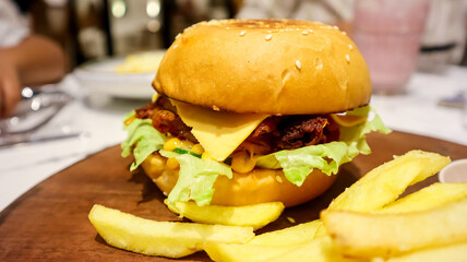 Fast food concept, burger and french fries, ready to eat