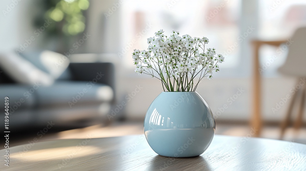 Canvas Prints White flowers in a light blue vase on a wooden table in a bright living room.