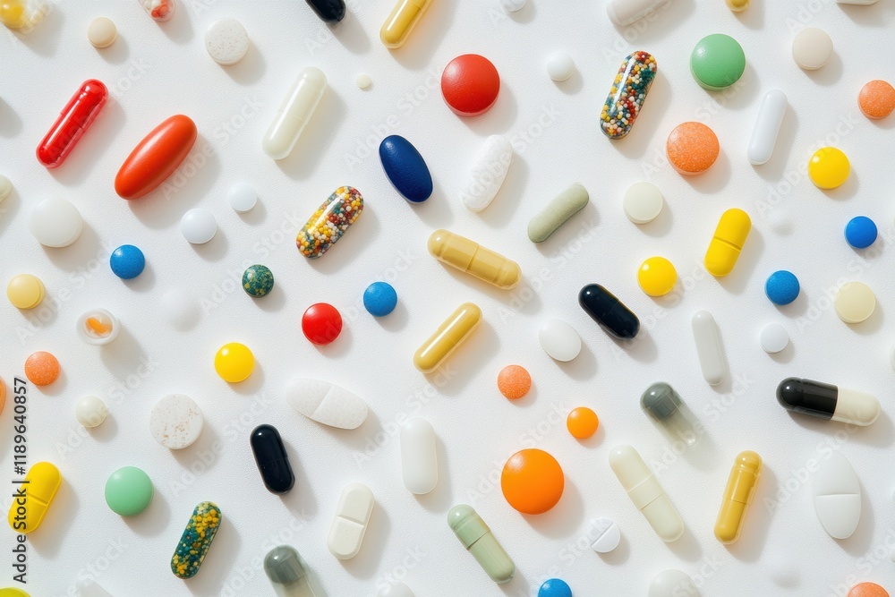 Aufkleber colorful assortment of pills and capsules arranged neatly on a white surface showcasing various shap