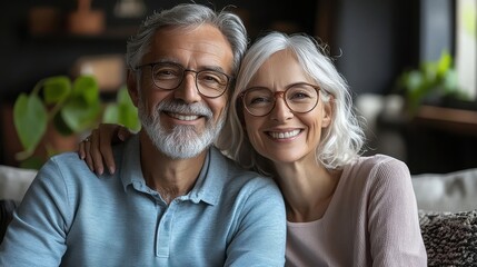 Fototapeta premium A happy elderly couple smiling together at home, showcasing love and companionship.