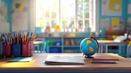 A vibrant classroom setup with colorful stationery, books, and a globe on a neatly arranged desk.