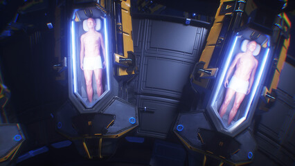 futuristic laboratory with cryocapsules with sleeping peoples. Cryo sleep future concept. 3d rendering.
