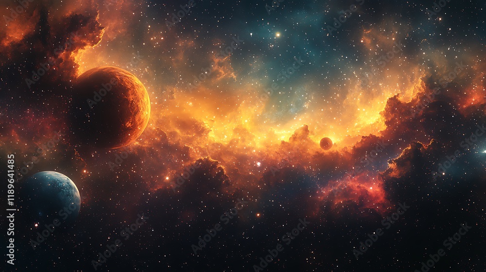 Poster fiery nebula with planets and stars in deep space.
