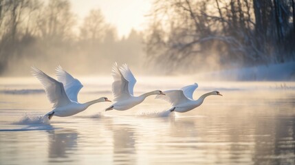 Obraz premium Swans gracefully taking flight over a calm winter lake with golden sunlight and soft mist creating a serene atmosphere