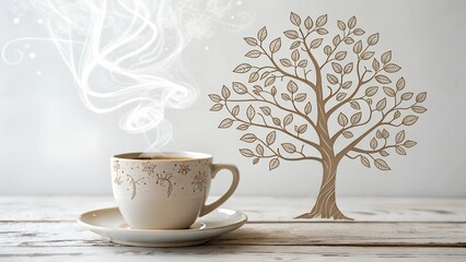 Fototapeta premium A cozy illustration of a steaming cup of tea and a delicate tree drawing on a white background. The composition evokes feelings of warmth, comfort, and tranquility.