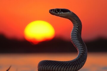Fototapeta premium Snake silhouetted against a vibrant sunset. A stunning display of nature's beauty.
