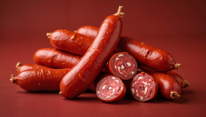 Sliced sausage rolls on red background
