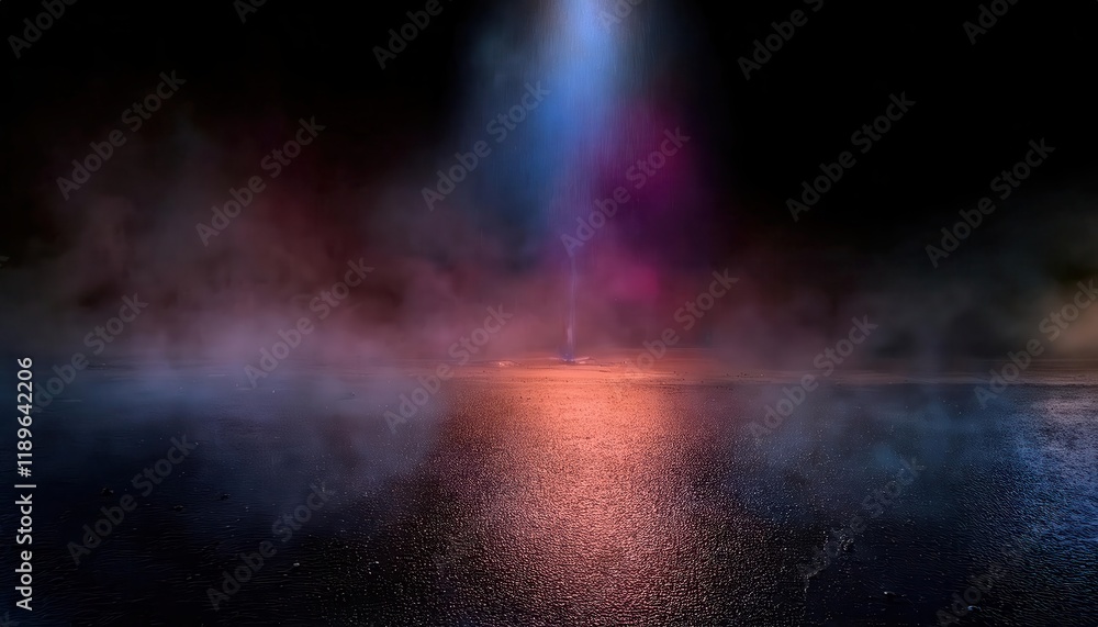 Poster ethereal reflection of colorful lights on wet asphalt with dramatic smoke and fog background, ideal 