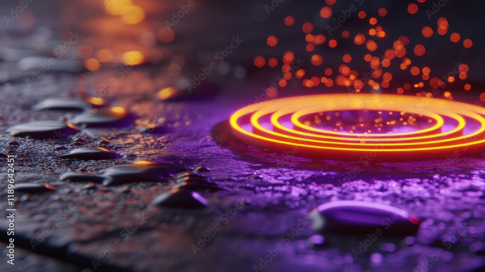 Poster vibrant, glowing circular pattern on wet surface, with droplets reflecting light and creating mystic