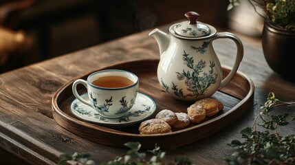 Tea set with cookies on wooden tray.