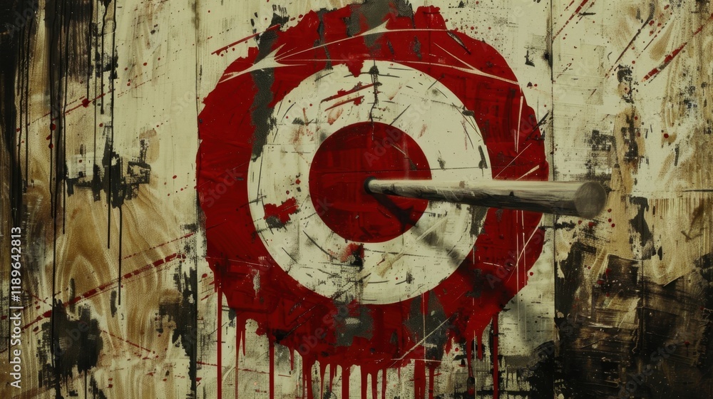 Poster target with arrow embedded, paint splatters, artistic expression