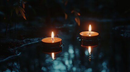 Burning candles on mirror surface in darkness, closeup. Space for text