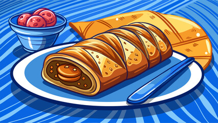 Closeup of sausage roll as a snack on blue table