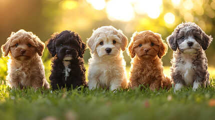 Adorable puppies sitting in a row on green grass during golden hour with soft sunlight illuminating their fur