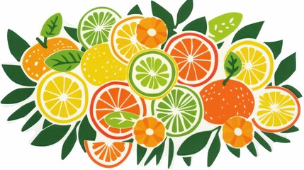 Bright and colorful arrangement of various citrus fruits, including oranges, lemons, and limes, surrounded by green leaves, creating vibrant and fresh look