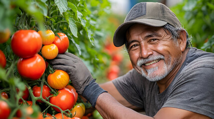 Smiling farmer harvesting ripe tomatoes in lush greenhouse with vibrant plants on a sunny day