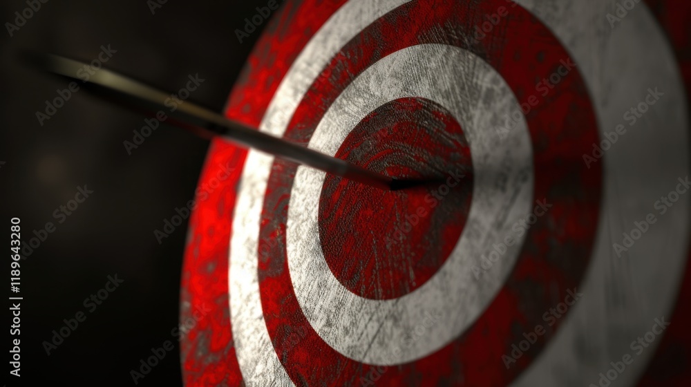Poster close up view of dart piercing center of red and white target, symbolizing precision and focus. text