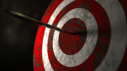 close up view of dart piercing center of red and white target, symbolizing precision and focus. textured surface adds depth to image, enhancing its visual impact