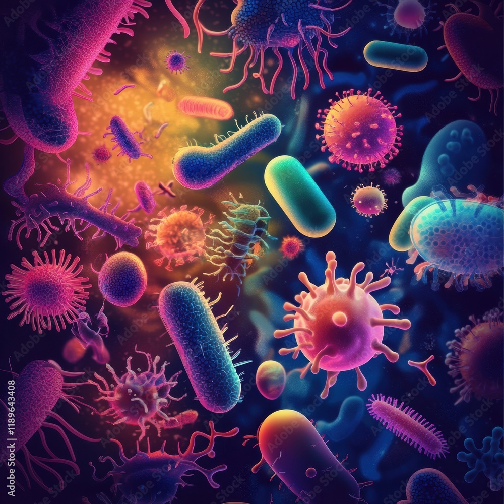 Poster microscopic view of colorful microbes in diverse shapes illustrating vibrant microbiological life. g