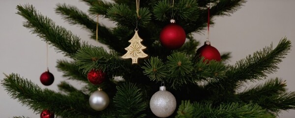 A decorated Christmas tree featuring red and silver ornaments, along with a wooden tree-shaped ornament, set against a neutral background