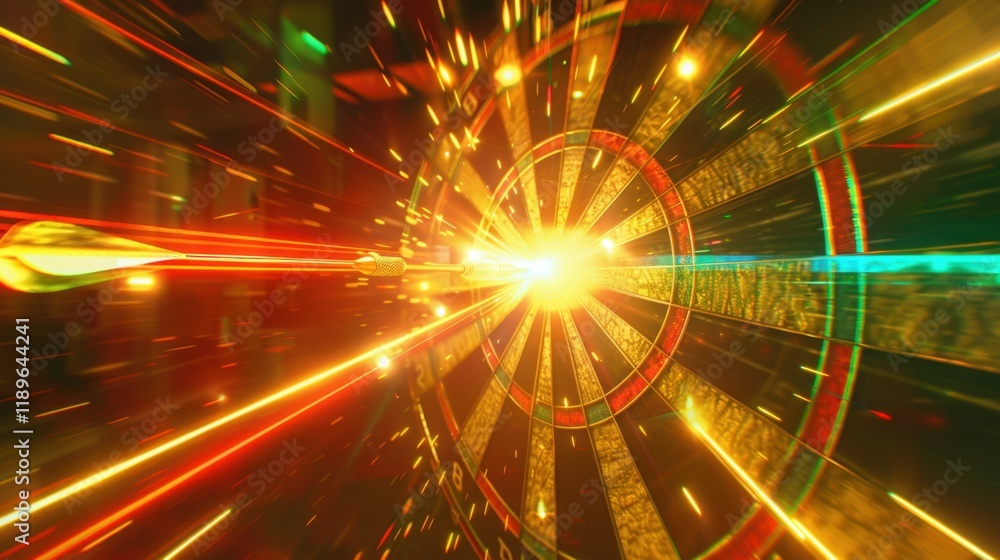 Poster dynamic dartboard with vibrant light trails and glowing target, showcasing precision and focus in co