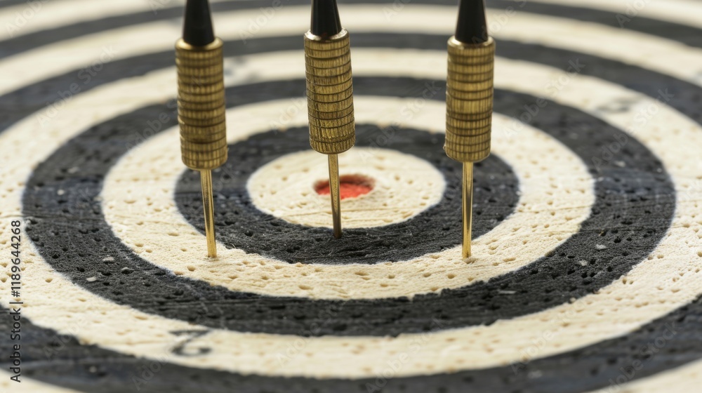Poster darts on target board with precision aiming at bullseye, showcasing focus and skill in game of darts