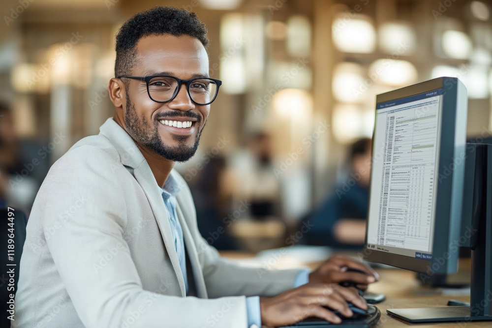 Poster smiling man working at computer in office. happy business professional working on spreadsheet. entre