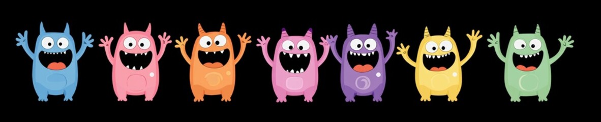 Happy Halloween. Line-style monster head face icon set. Colorful silhouette featuring eyes, tongue, tooth fang, and raised hands. Cute cartoon kawaii scary funny baby character. Black background.
