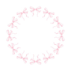 pink bows. Watercolor round frame on white background for textile, wrapping paper. Cute children's illustration in pastel colors