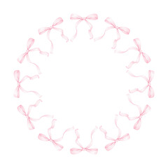 pink bows. Watercolor round frame on white background for textile, wrapping paper. Cute children's illustration in pastel colors
